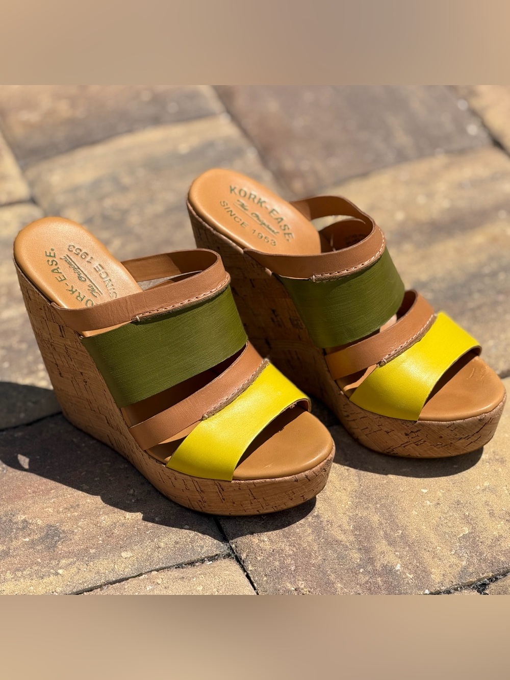 Kork-Ease Yellow and Olive Green Leather Wedge Sandals